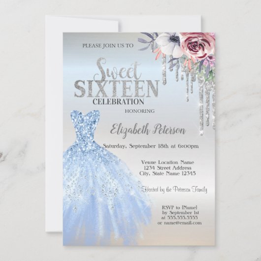 Glitter Drips, Blue Dress Flowers Silver Sweet 16 Kaart (Voorkant)
