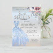 Glitter Drips, Blue Dress Flowers Silver Sweet 16 Kaart (Staand voorkant)