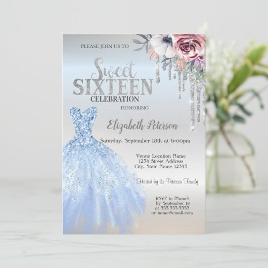Glitter Drips, Blue Dress Flowers Silver Sweet 16 Kaart (Staand voorkant)