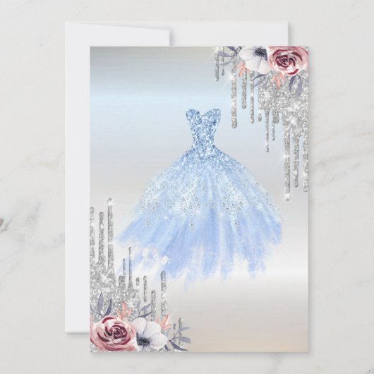 Glitter Drips, Blue Dress Flowers Silver Sweet 16 Kaart (Achterkant)