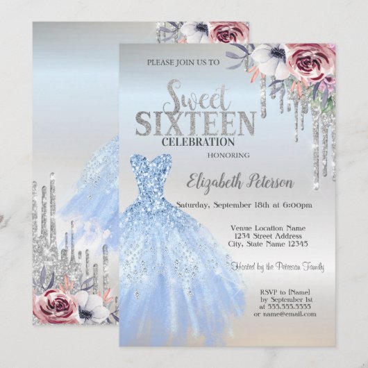 Glitter Drips, Blue Dress Flowers Silver Sweet 16 Kaart (Voorkant / Achterkant)