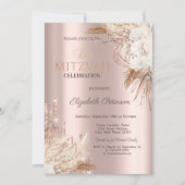 Glitter Drips Boho Bloemen Roze Goud Bat Mitzvah Kaart (Voorkant)