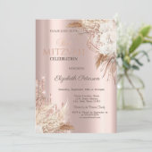 Glitter Drips Boho Bloemen Roze Goud Bat Mitzvah Kaart (Staand voorkant)