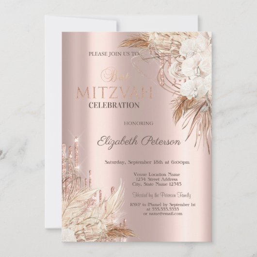 Glitter Drips Boho Bloemen Roze Gouden Bat Mitzvah Kaart (Voorkant)