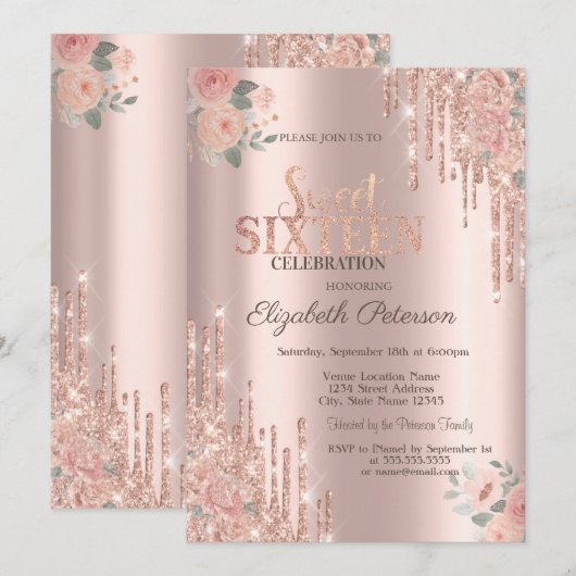 Glitter Drips Boho Rozen Roos Goud Sweet 16 Kaart (Voorkant / Achterkant)