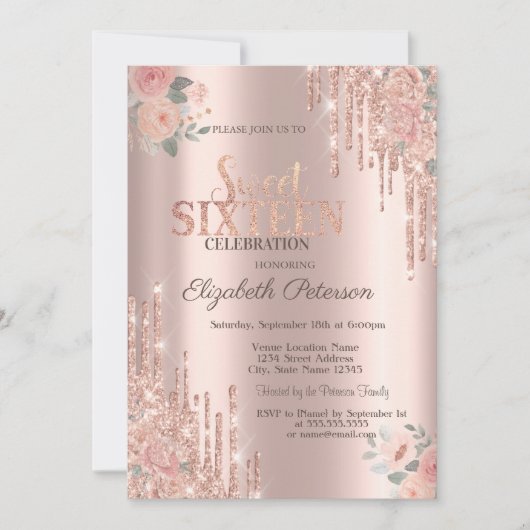 Glitter Drips Boho Rozen Roze Goud Sweet 16 Kaart (Voorkant)