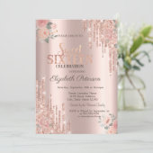 Glitter Drips Boho Rozen Roze Goud Sweet 16 Kaart (Staand voorkant)