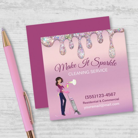 Glitter Drips Cartoon Maid Cleaning Services Vierkante Visitekaartje