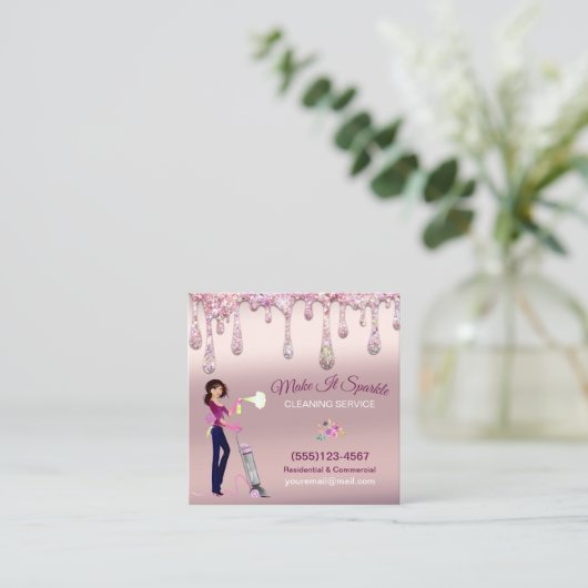 Glitter Drips Cartoon Maid Cleaning Services Vierkante Visitekaartje (Staand voorkant)