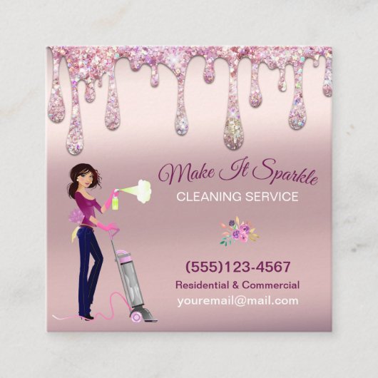 Glitter Drips Cartoon Maid Cleaning Services Vierkante Visitekaartje (Voorkant)