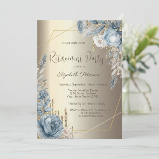 Glitter Drips Champagne Gold Blue Rozen Lijst Kaart (Staand voorkant)