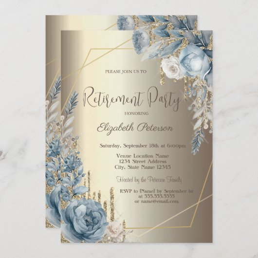 Glitter Drips Champagne Gold Blue Rozen Lijst Kaart (Voorkant / Achterkant)