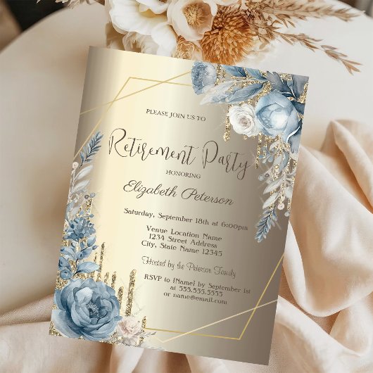Glitter Drips Champagne Goud Blauwe Rozen Frame Kaart