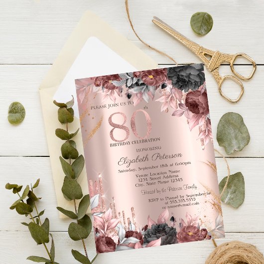 Glitter Drips Chic Bloem 80ste Verjaardag Kaart