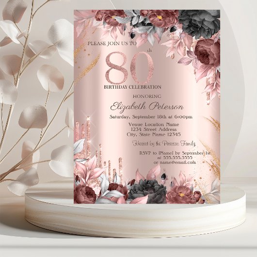Glitter Drips Chic Floral 80th Birthday Kaart