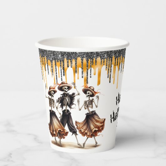 Glitter Drips Dancing Skeletons Halloween Party Papieren Bekers (Voorkant)