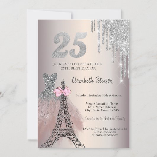 Glitter Drips Dress Eiffel Tower Bow 25th Kaart (Voorkant)