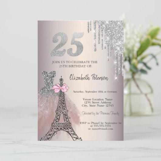 Glitter Drips Dress Eiffel Tower Bow 25th Kaart (Staand voorkant)