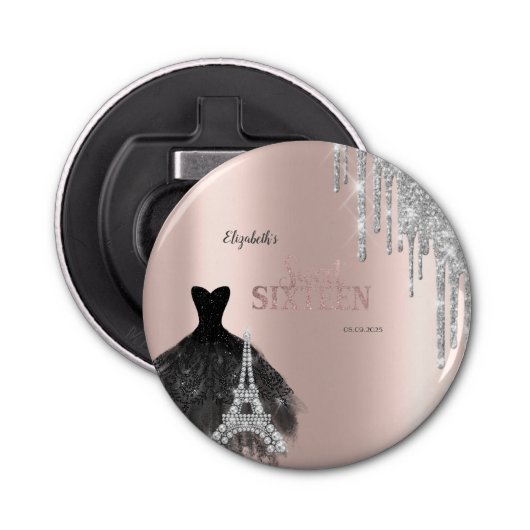 Glitter Drips,Dress,Eiffel Tower Sweet 16 Button Flesopener (Voorkant)