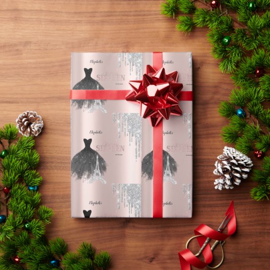 Glitter Drips,Dress,Eiffel Tower Sweet 16 Cadeaupapier (Feestdagen Geschenken)