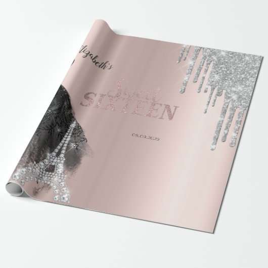 Glitter Drips,Dress,Eiffel Tower Sweet 16 Cadeaupapier (Uitgerold)