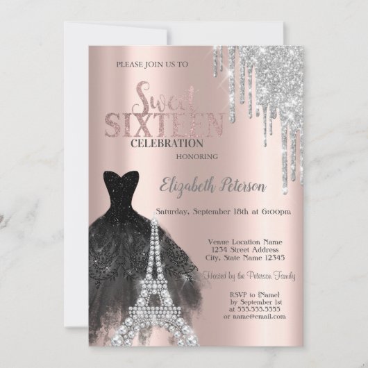 Glitter Drips,Dress,Eiffel Tower Sweet 16 Kaart (Voorkant)