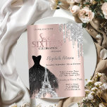 Glitter Drips,Dress,Eiffel Tower Sweet 16 Kaart<br><div class="desc">Elegante zwarte jurk,  diamanten Eiffeltoren en zilveren glitter druppelen op een gouden achtergrond van het roos.</div>