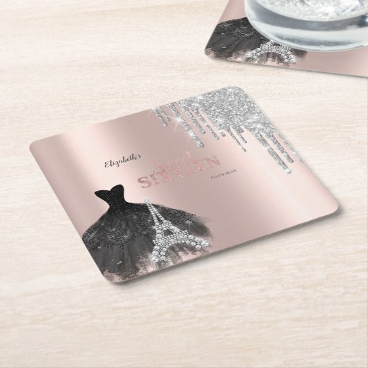 Glitter Drips,Dress,Eiffel Tower Sweet 16 Kartonnen Onderzetters (Schuin)