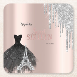 Glitter Drips,Dress,Eiffel Tower Sweet 16 Kartonnen Onderzetters