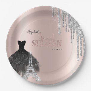 Glitter Drips,Dress,Eiffel Tower Sweet 16 Papieren Bordje