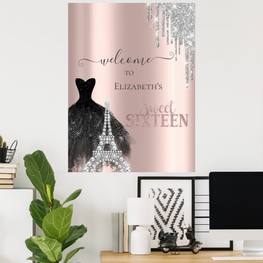 Glitter Drips,Dress,Eiffel Tower Sweet 16 Poster (Thuiskantoor)