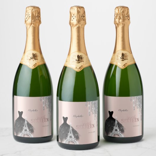 Glitter Drips,Dress,Eiffel Tower Sweet 16 Sparkling Wijnetiket (Flessen)