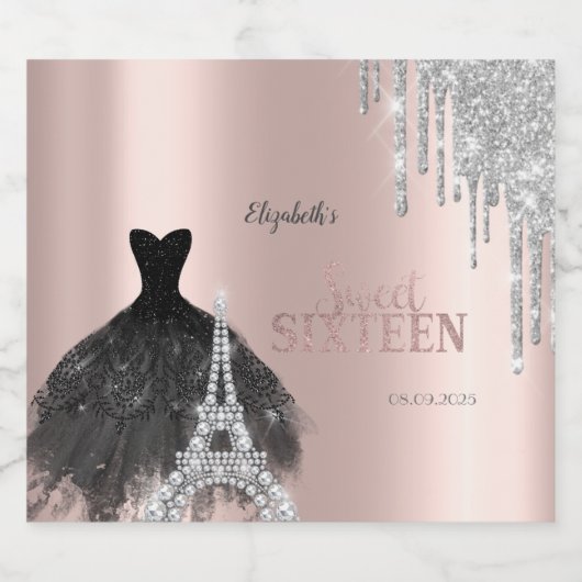 Glitter Drips,Dress,Eiffel Tower Sweet 16 Sparkling Wijnetiket (Enkel label)