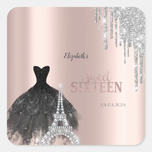 Glitter Drips,Dress,Eiffel Tower Sweet 16 Vierkante Sticker (Voorkant)