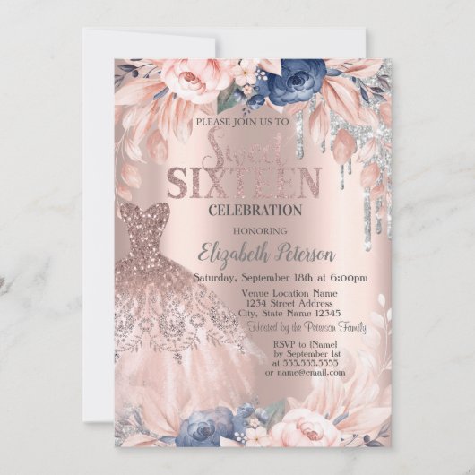 Glitter Drips,Dress,Flowers Roos Gold Sweet 16 Kaart (Voorkant)