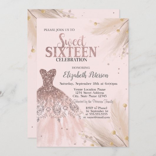 Glitter Drips,Dress,Pampas, Roze Sweet 16 Kaart (Voorkant / Achterkant)