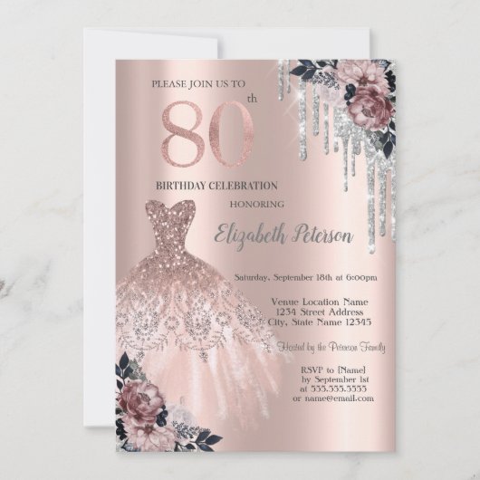 Glitter Drips,Dress,Roos Roos Gold 80th Birthday Kaart (Voorkant)
