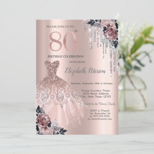 Glitter Drips,Dress,Roos Roos Gold 80th Birthday Kaart (Staand voorkant)