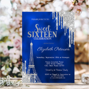 Glitter Drips, Eiffel Toren Koningsblauw Sweet 16 Kaart