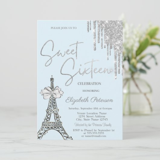 Glitter Drips Eiffel Tower Bow Blue Sweet 16 Kaart (Staand voorkant)