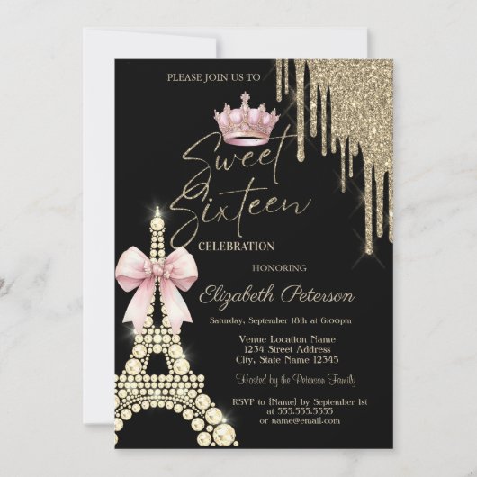 Glitter Drips,Eiffel Tower Bow Crown Sweet 16  Kaart (Voorkant)