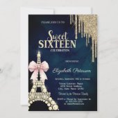 Glitter Drips,Eiffel Tower Bow Navy Blue Sweet 16  Kaart (Voorkant)