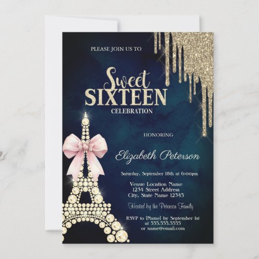 Glitter Drips,Eiffel Tower Bow Navy Blue Sweet 16 Kaart (Voorkant)