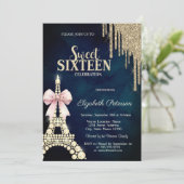Glitter Drips,Eiffel Tower Bow Navy Blue Sweet 16  Kaart (Staand voorkant)