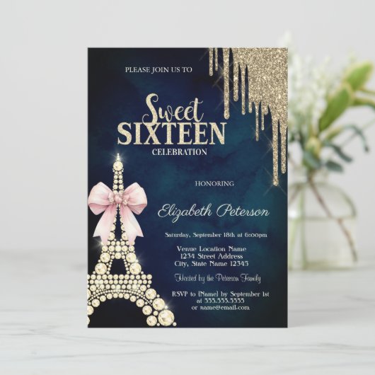 Glitter Drips,Eiffel Tower Bow Navy Blue Sweet 16  Kaart (Staand voorkant)