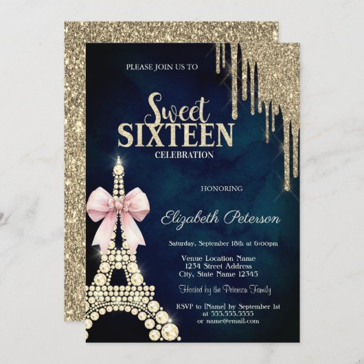 Glitter Drips,Eiffel Tower Bow Navy Blue Sweet 16  Kaart (Voorkant / Achterkant)