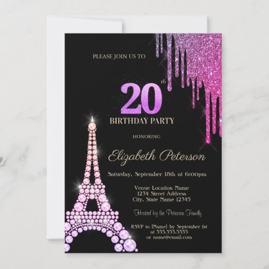 Glitter Drips,Eiffel Tower Diamonds 20th Birthday Kaart (Voorkant)