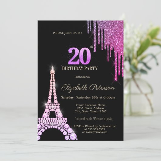Glitter Drips,Eiffel Tower Diamonds 20th Birthday Kaart (Staand voorkant)