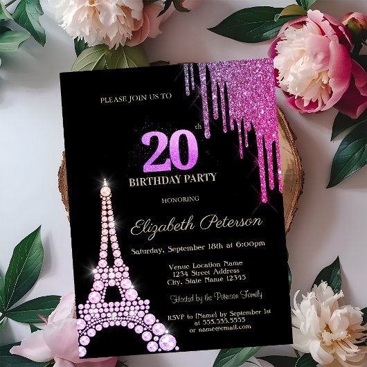 Glitter Drips,Eiffel Tower Diamonds 20th Birthday Kaart