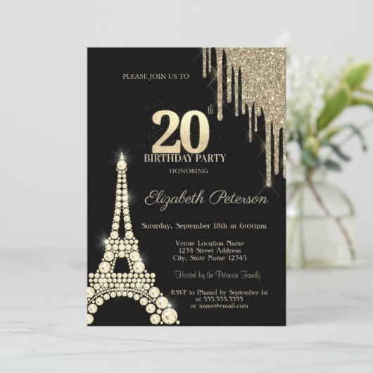 Glitter Drips,Eiffel Tower Diamonds 20th Birthday Kaart (Staand voorkant)